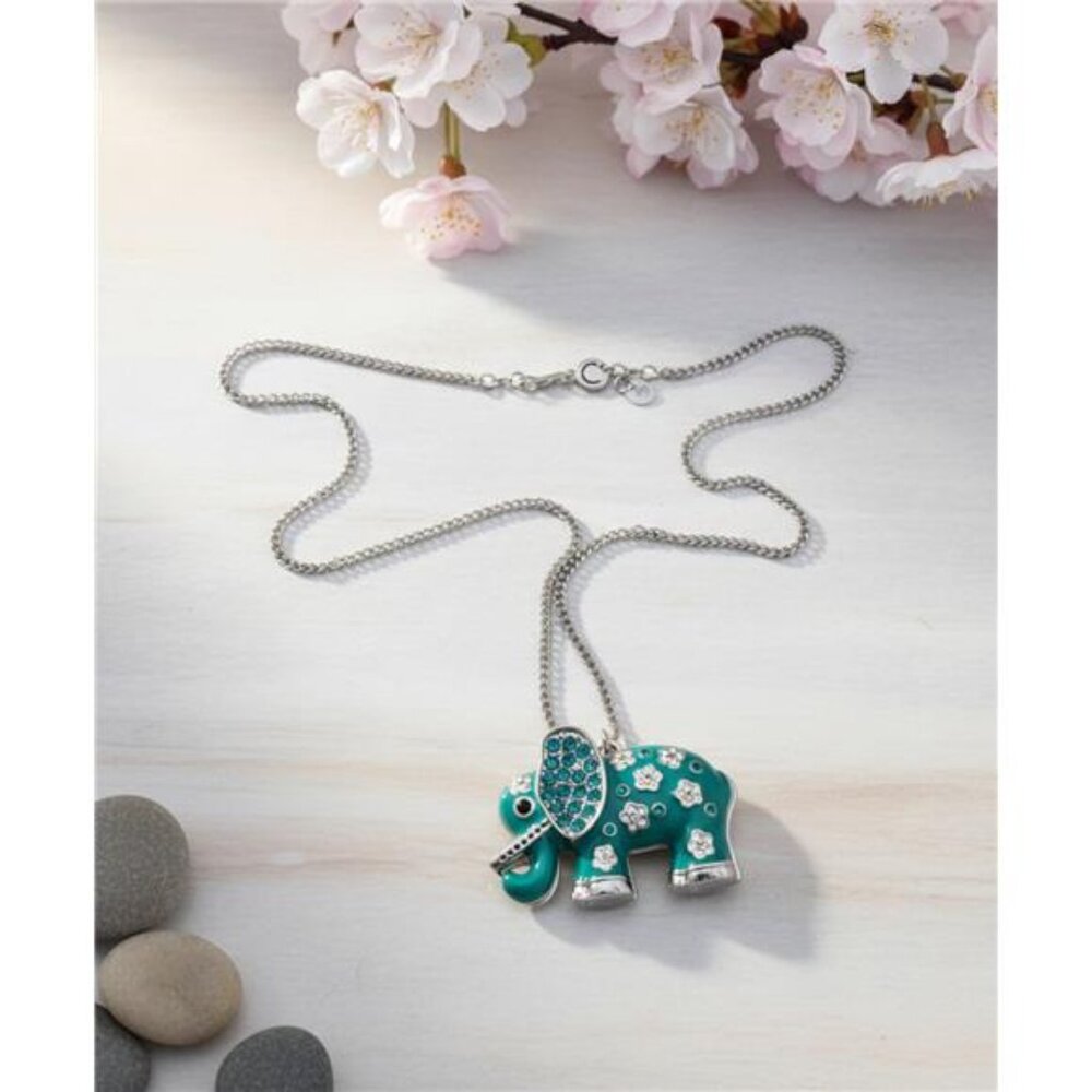 C1946 Green Crystal Enamel Elephant Pendant Necklace Silver Tone 33 In Floral